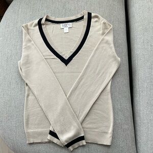 New LOFT Women's Beige V-Neck Sweater with Black Trim XSP